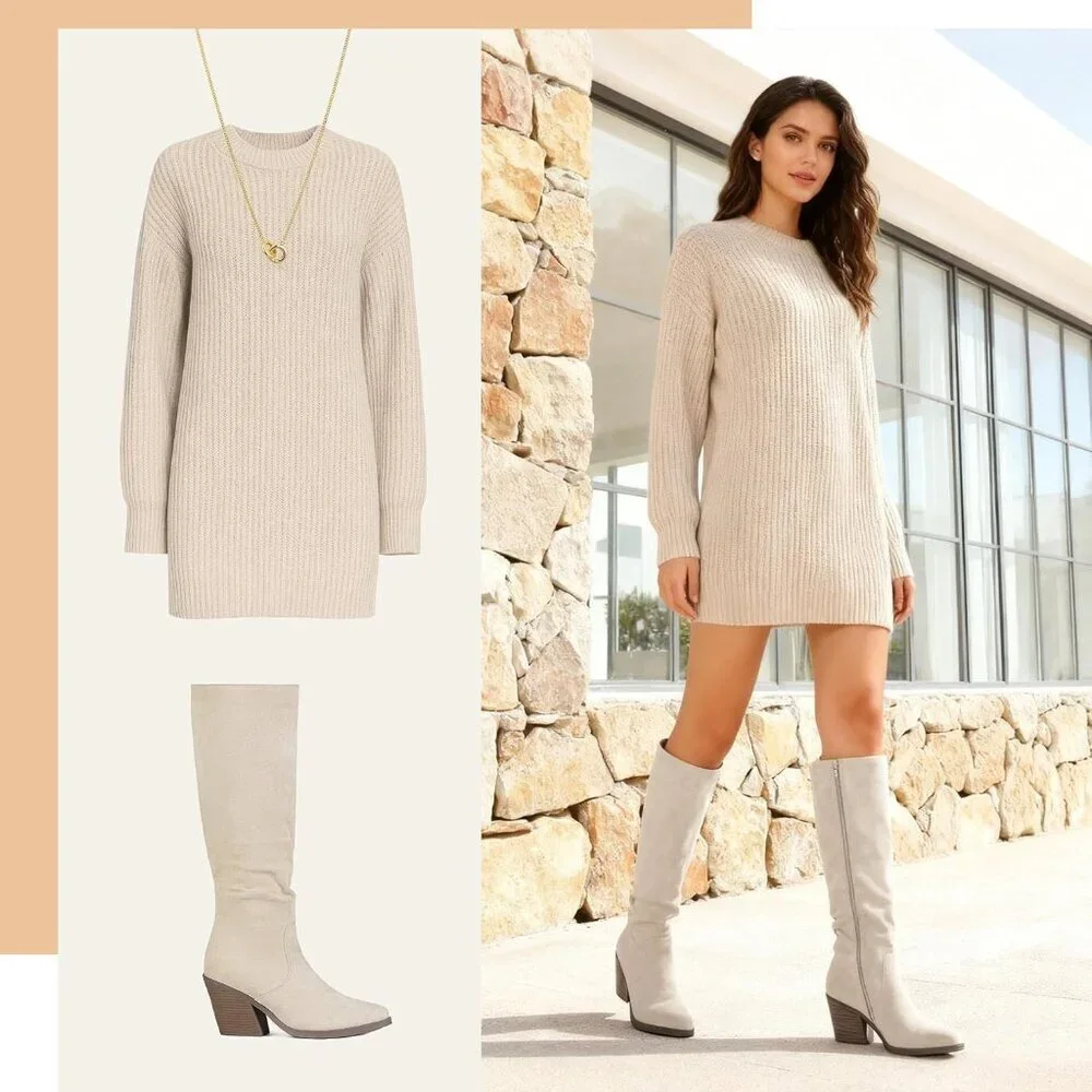 Women's Beige Faux Suede Chunky Heel Boots Side Zipper Slouchy Knee High Boots